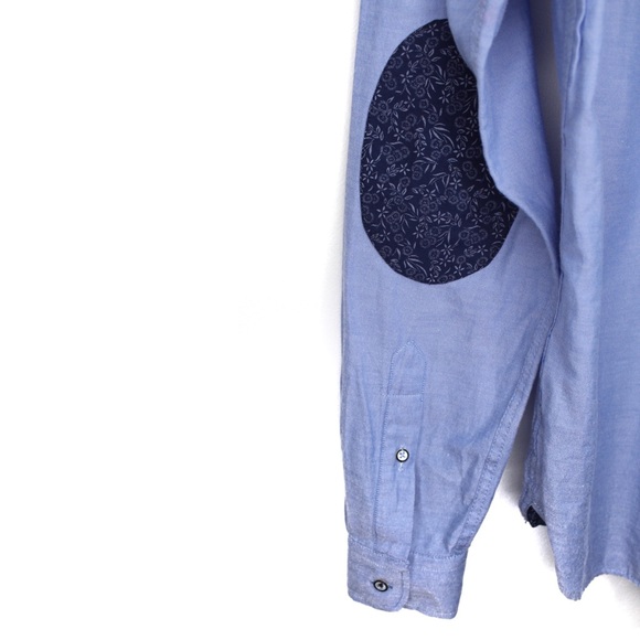 Zara Man NWT Denim Blue Button Up with Patterned Elbow Patch Top Medium - Picture 9 of 10